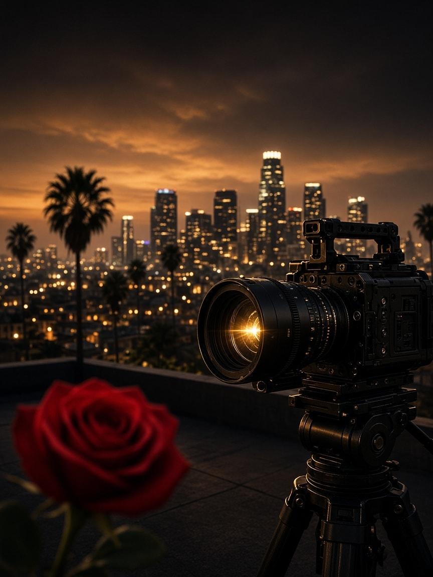 A cinema camera and a red rose on a rooftop above the city at dusk