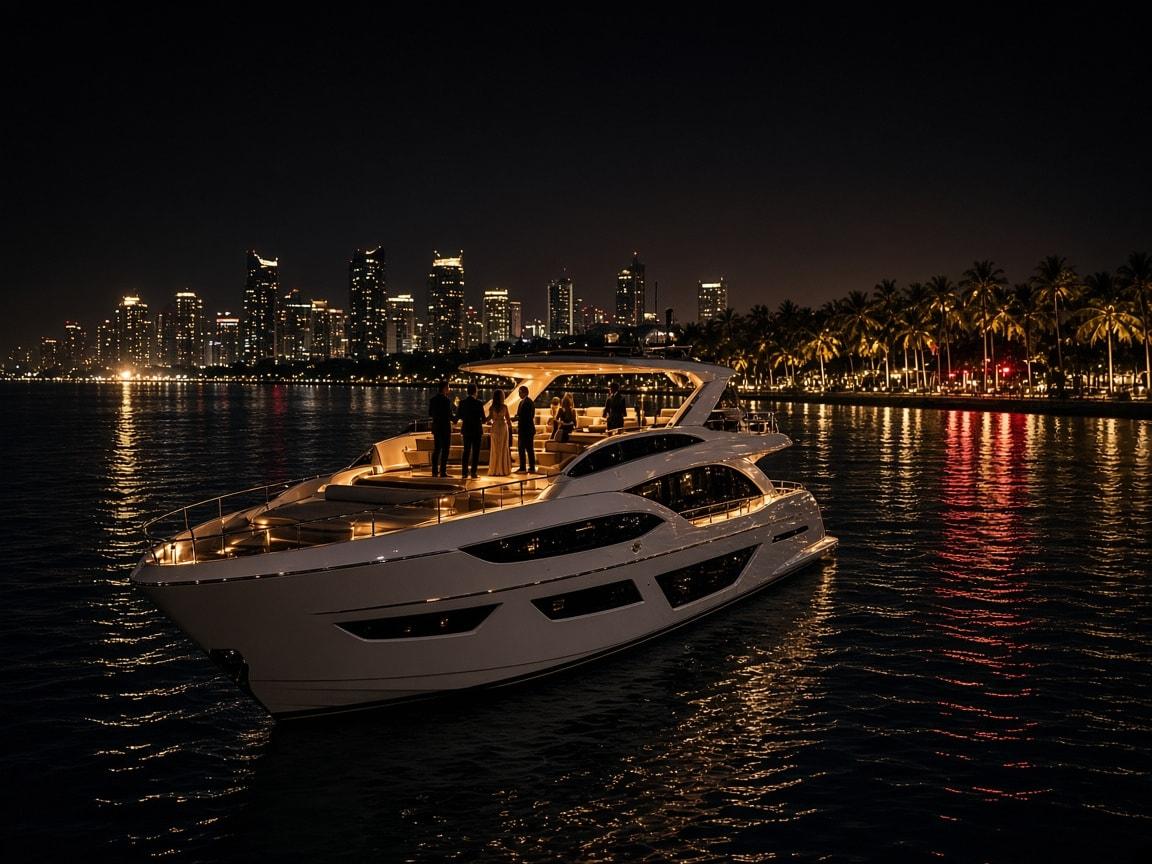A yacht on the bay at night in front of the skyline