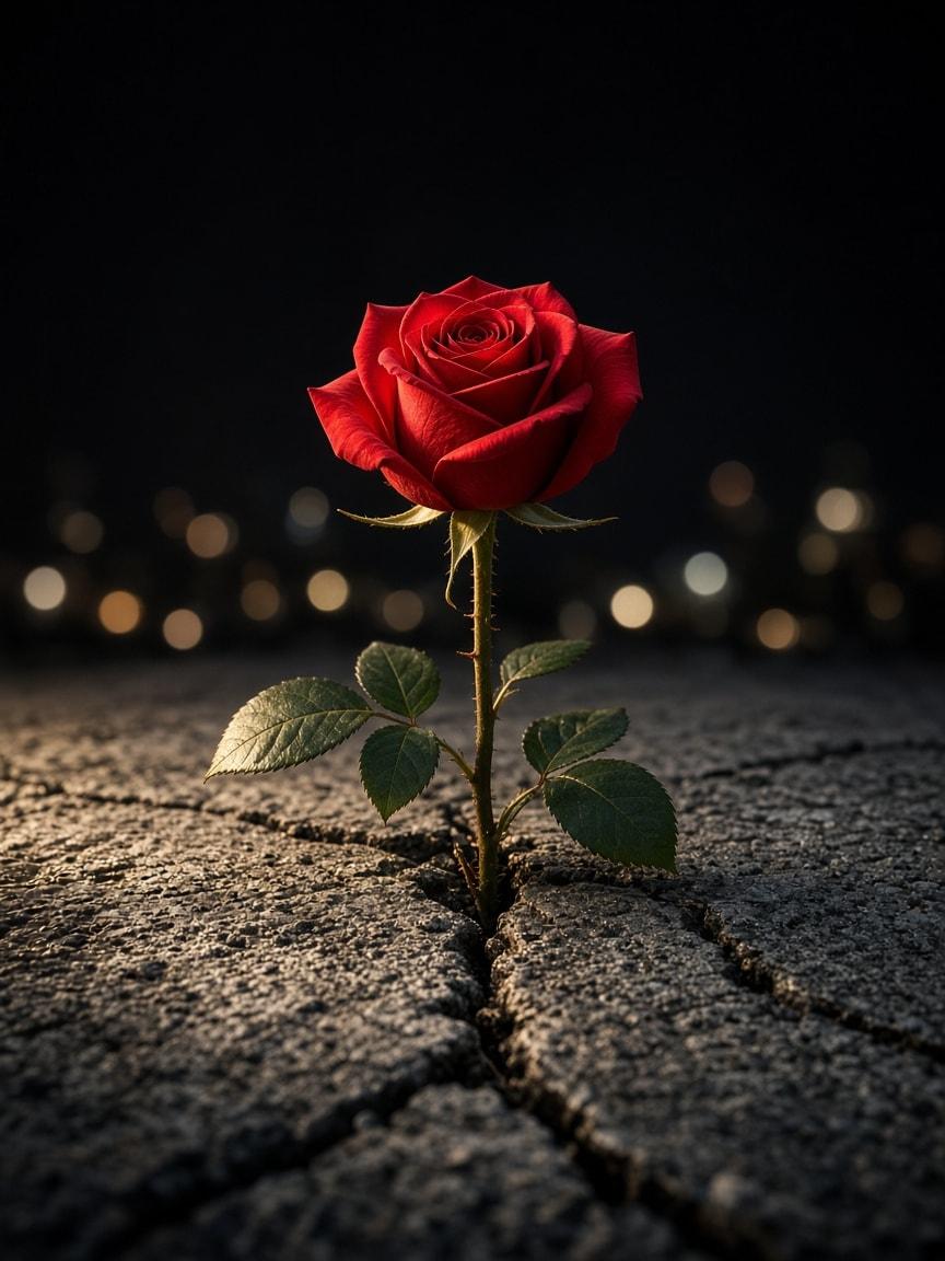 A red rose growing through concrete