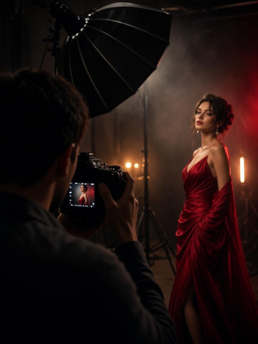 A photographer shooting a model in a red dress in a studio