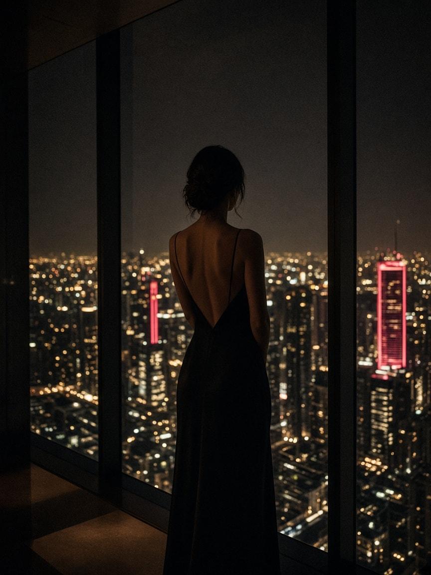 A woman in a black dress overlooking the city skyline at night