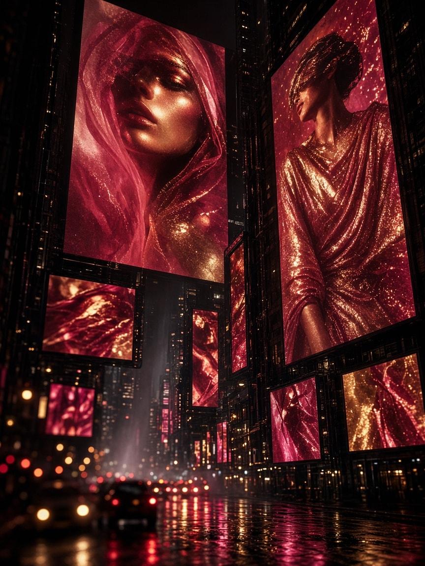 Glowing fashion billboards above a city street at night