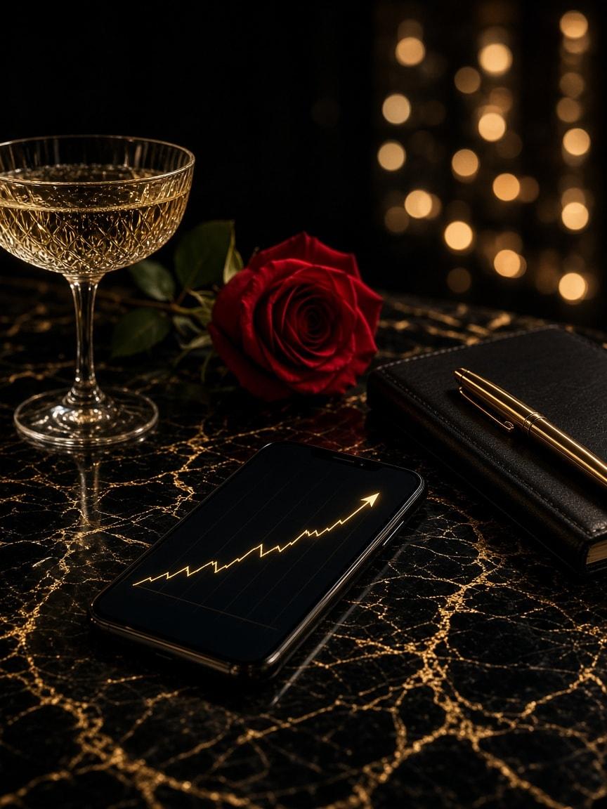 A phone showing a rising chart beside champagne and a red rose